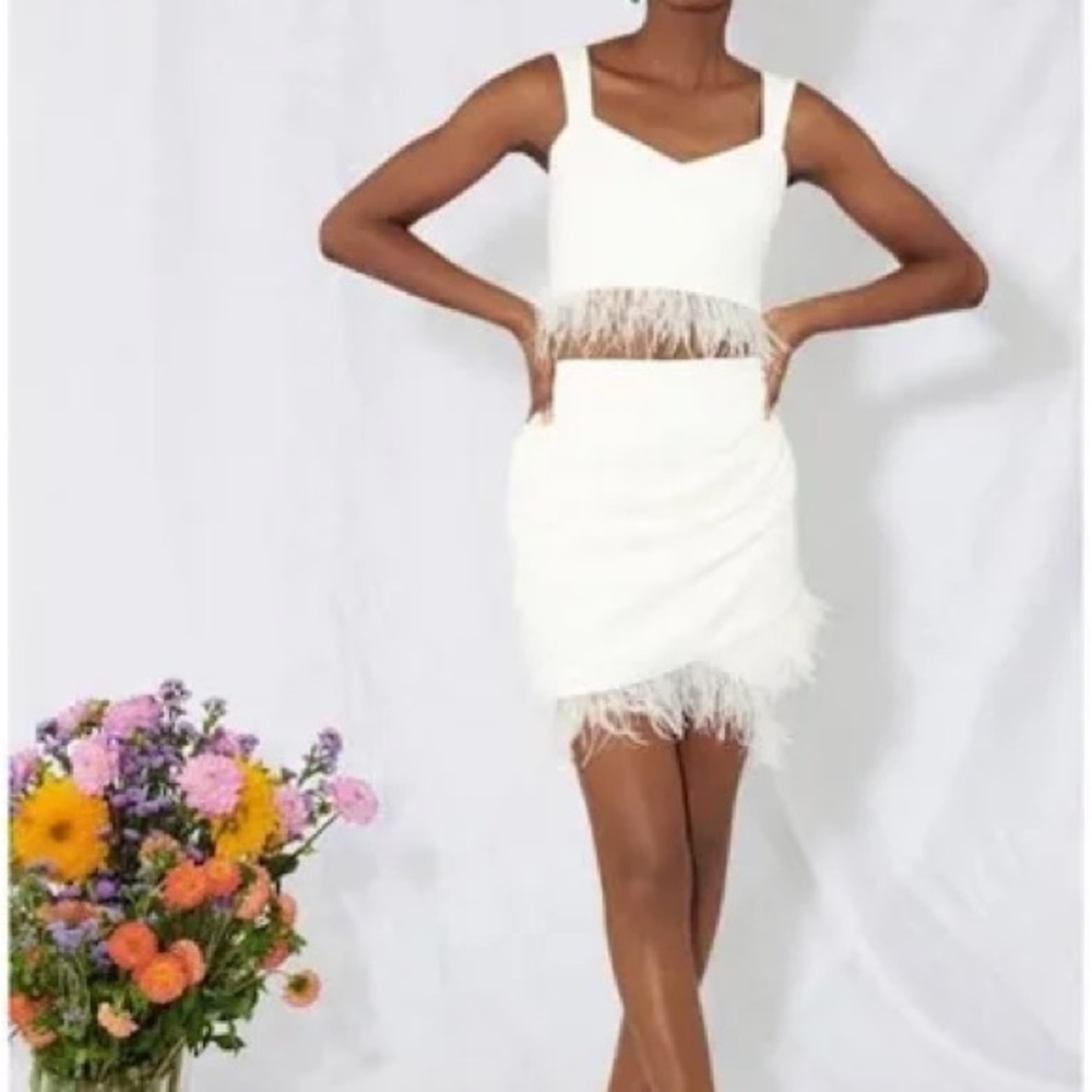 Saylor White Feather Trim Two-Piece Set